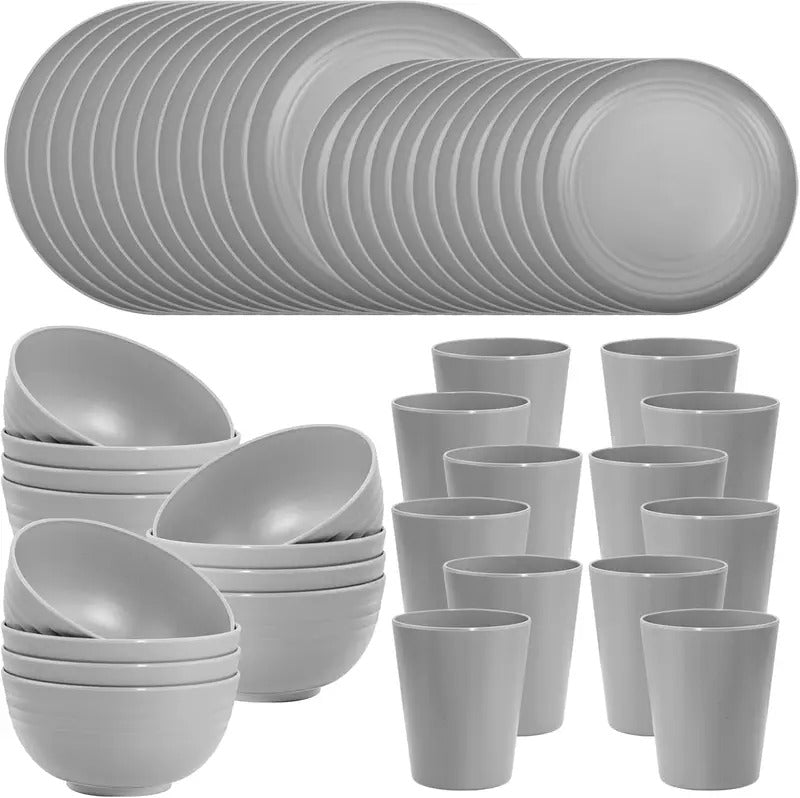 48 Piece Grey Plastic Wheat Straw Dinnerware Set for Camping - Front View