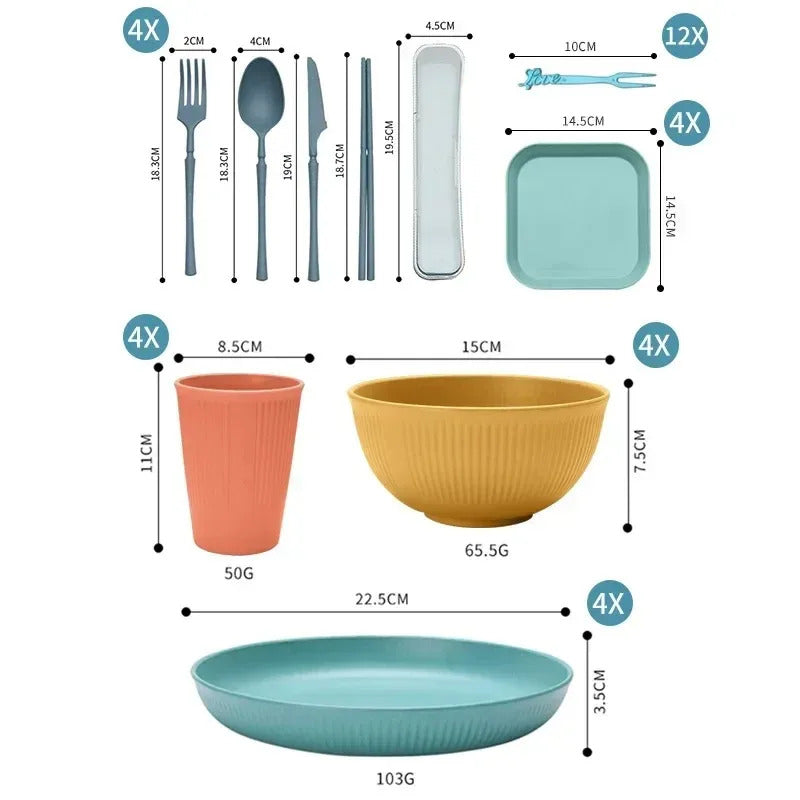 48pcs Plate Sets Wheat Straw Ramen Bowl Tableware Dinner - Size Comparison