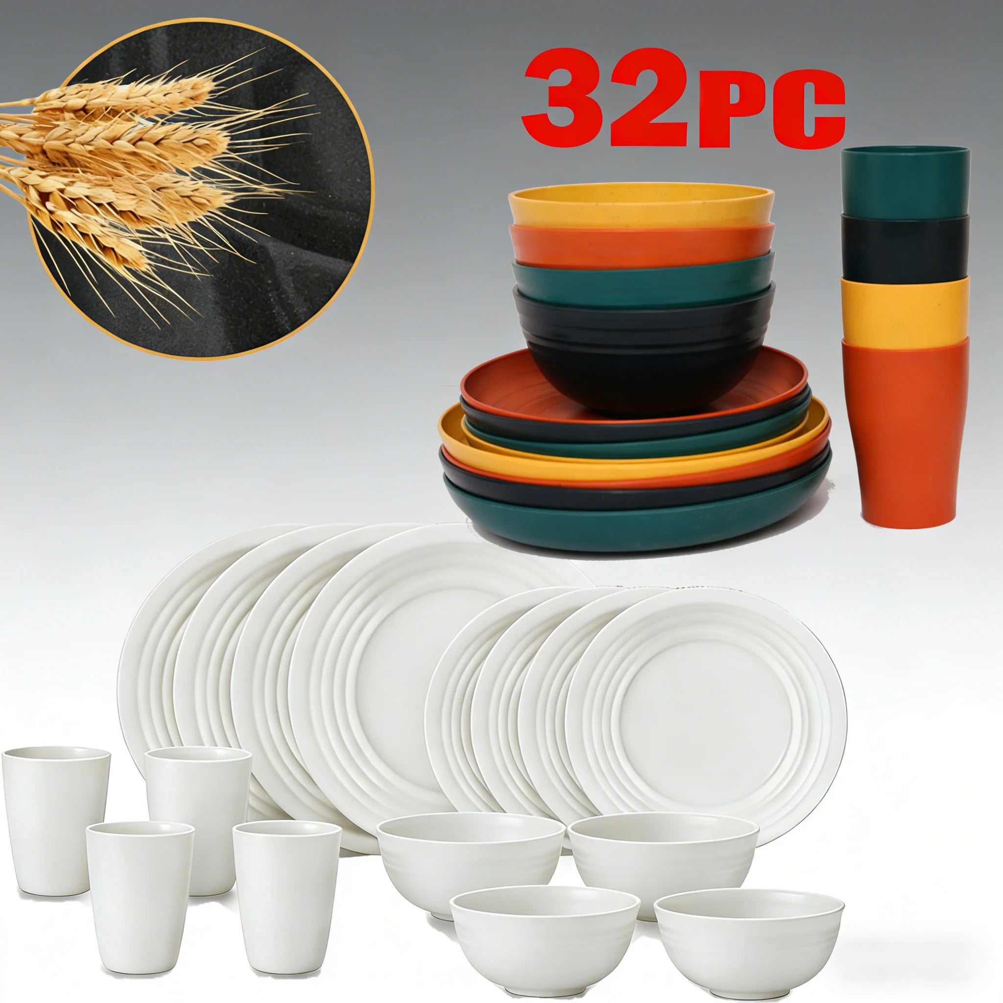 32 Piece Wheat Straw Dinnerware Set Colorful Plates Bowl - View 11