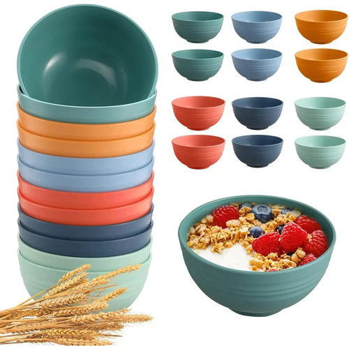 12 Pcs Wheat Straw Bowls Set Microwave Dishwasher Safe - Front View