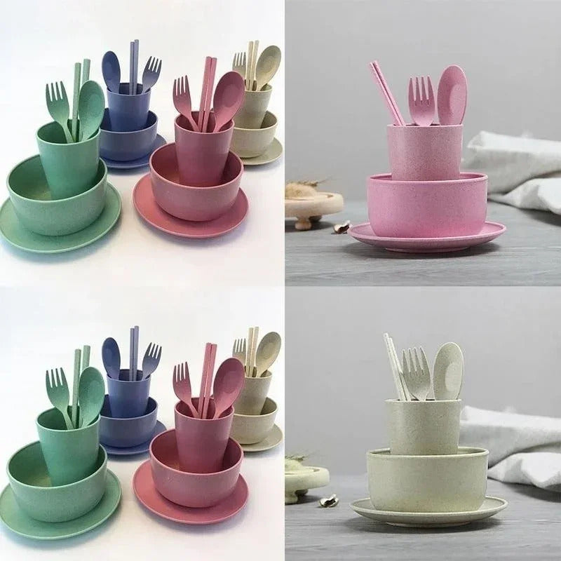 Six piece wheat straw tableware food bowls for dinner use - In Use