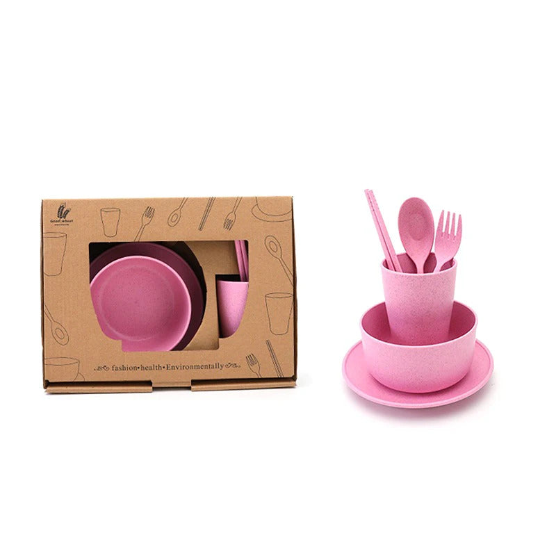 6 Pcs set Wheat Straw Tableware Feeding Learning Dinnerware - Packaging