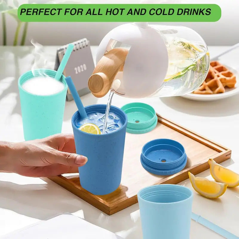Wheat Straw Cups with Lids and Straws Dishwasher - Side View