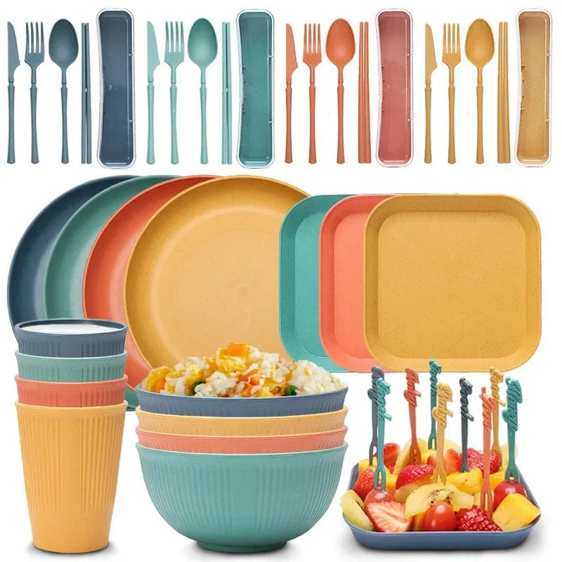 48pcs Plate Sets Wheat Straw Ramen Bowl Tableware Dinner - Front View