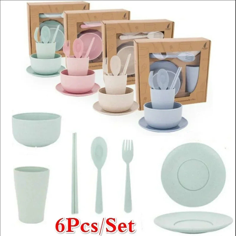 Six piece wheat straw tableware food bowls for dinner use - Front View