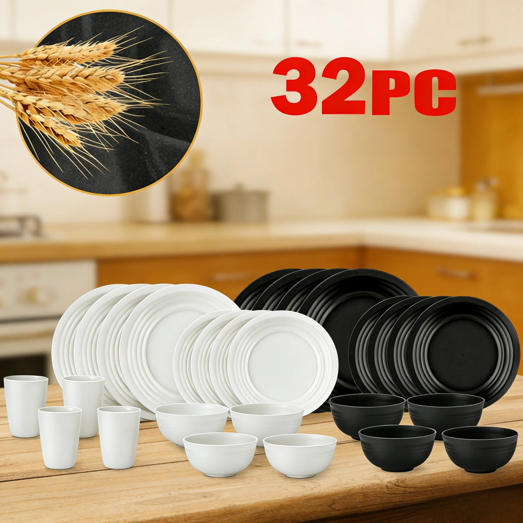 32 Piece Wheat Straw Dinnerware Set Colorful Plates Bowl - View 12