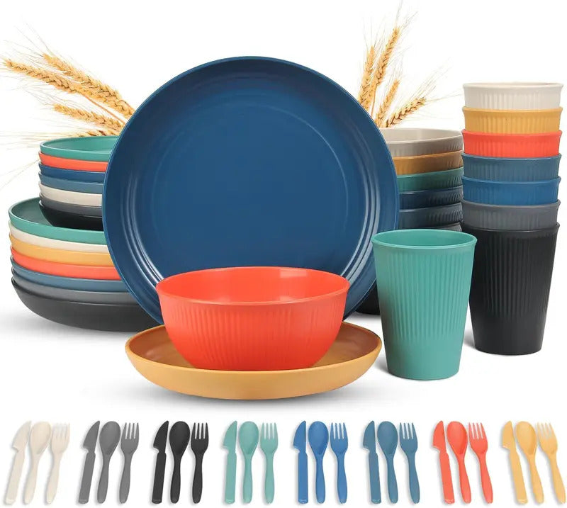 56 Piece Unbreakable Wheat Straw Dinnerware Set - Front View