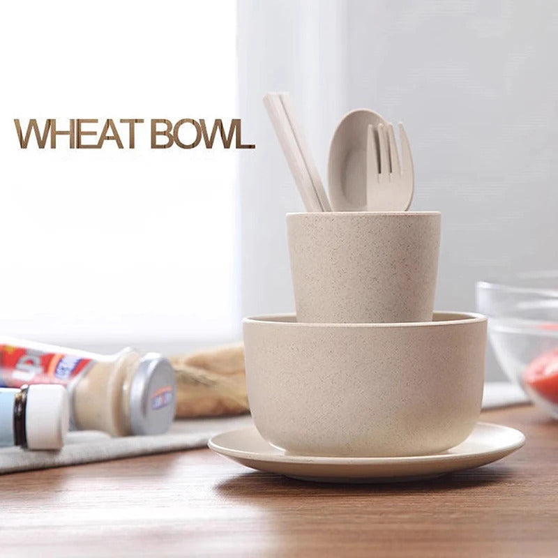 6 Pcs set Wheat Straw Tableware Feeding Learning Dinnerware - Side View