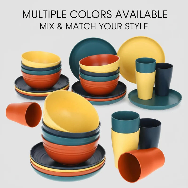 32 Piece Wheat Straw Dinnerware Set Colorful Plates Bowl - Size Comparison