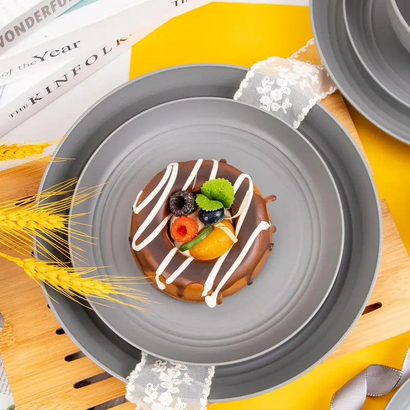 48 Piece Grey Plastic Wheat Straw Dinnerware Set for Camping - Detail View
