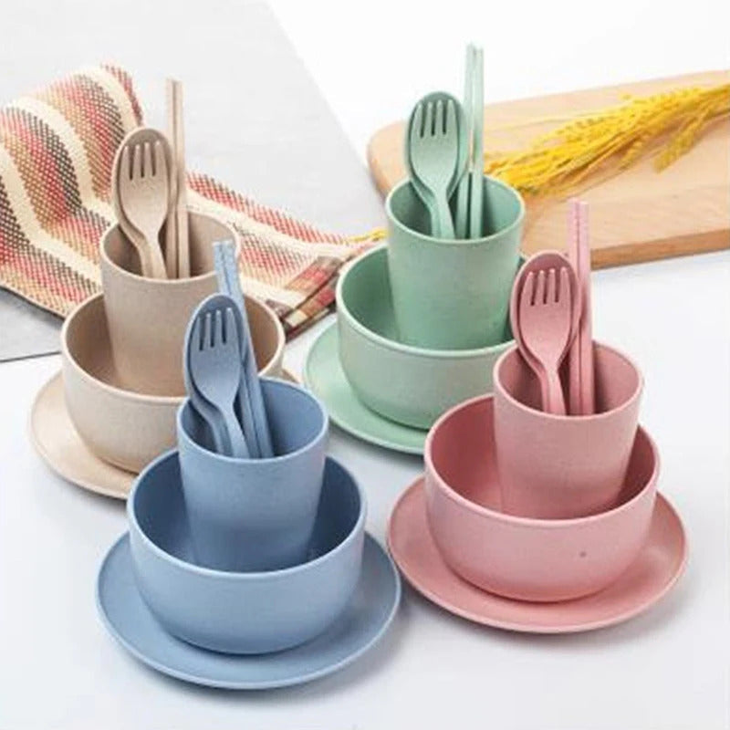 6 Pcs set Wheat Straw Tableware Feeding Learning Dinnerware - Front View