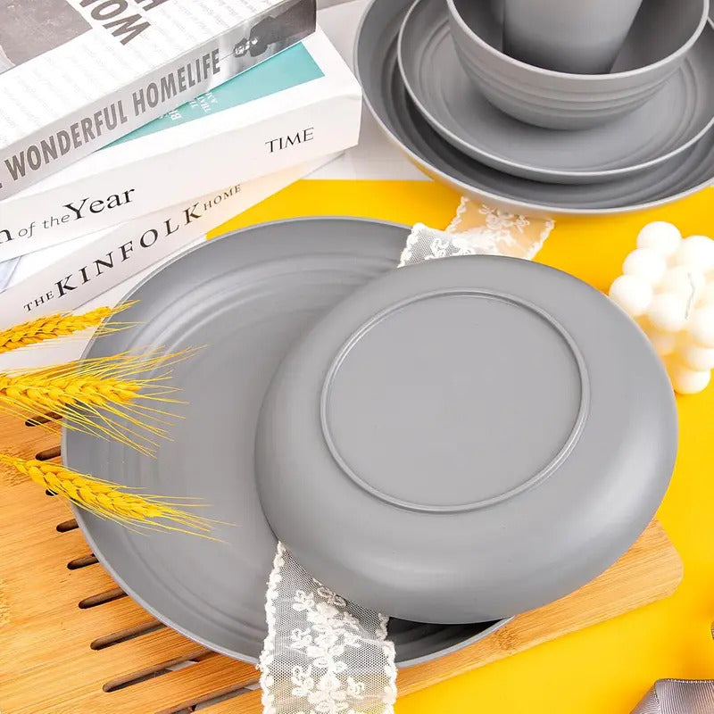 48 Piece Grey Plastic Wheat Straw Dinnerware Set for Camping - Size Comparison