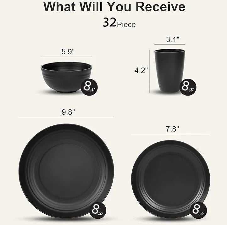 32 Piece Wheat Straw Dinnerware Set Colorful Plates Bowl - View 9