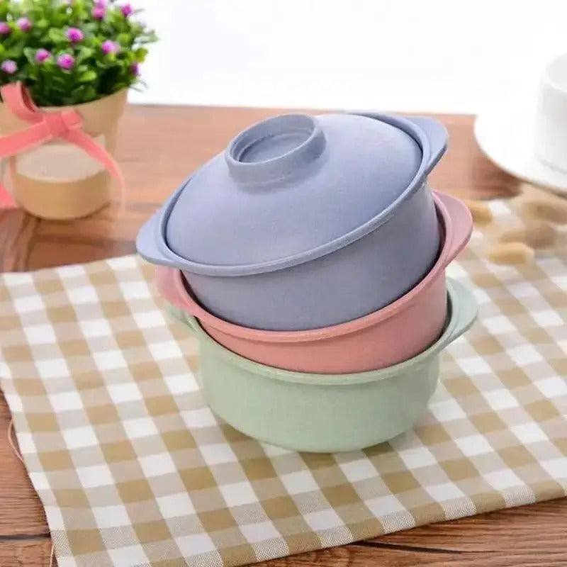 Wheat Straw Salad Bowl With Lid Food Container Tableware - Front View