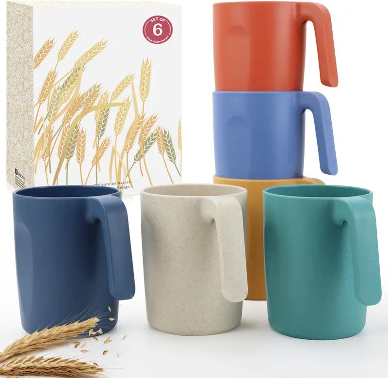 Wheat Straw Cups with handles set of 6 Unbreakable - Front View