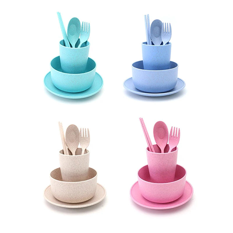 6 Pcs set Wheat Straw Tableware Feeding Learning Dinnerware - Color Options