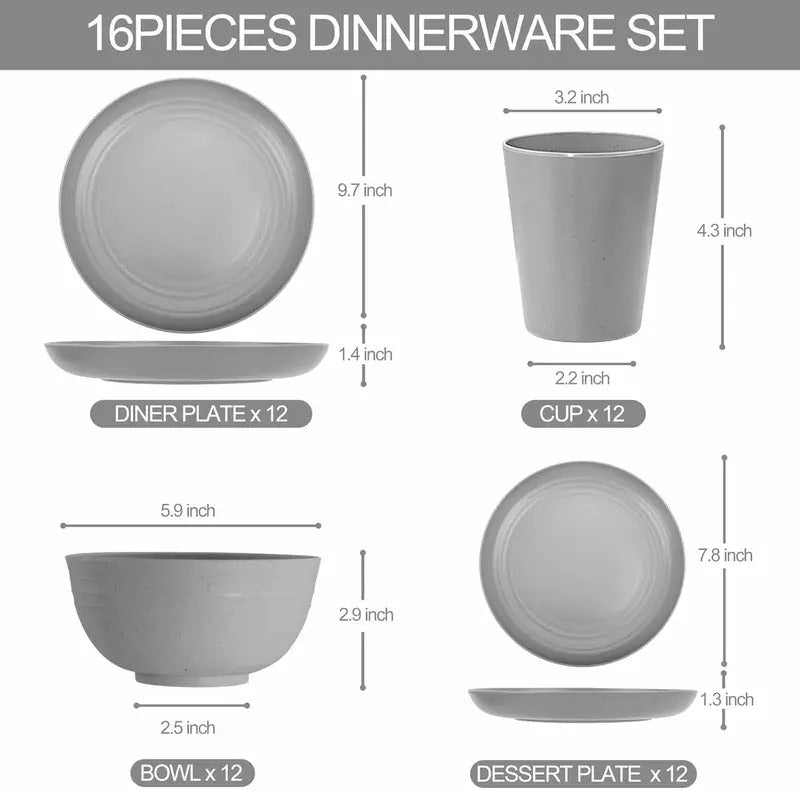48 Piece Grey Plastic Wheat Straw Dinnerware Set for Camping - Side View