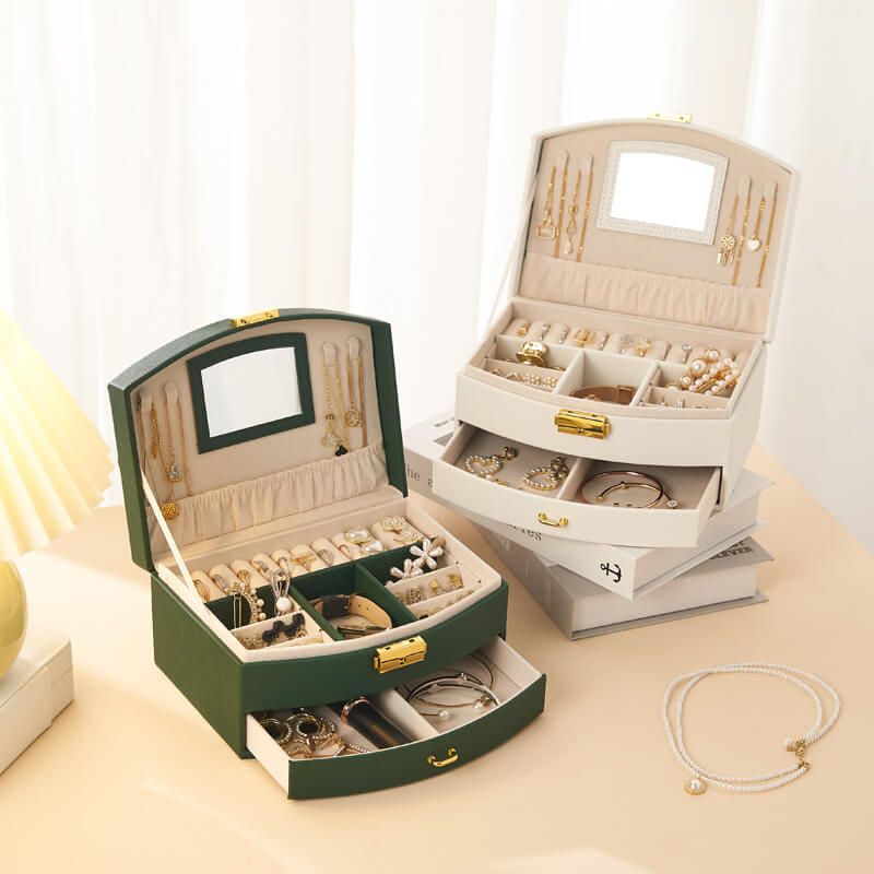 Drawer-style ring and earring storage box with handle