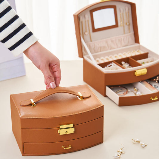 Drawer-style ring and earring storage box with handle