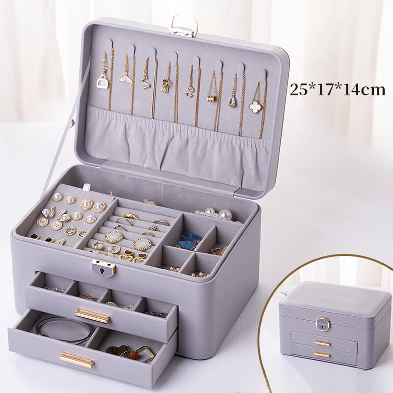 Large-capacity leather jewelry storage box with lock