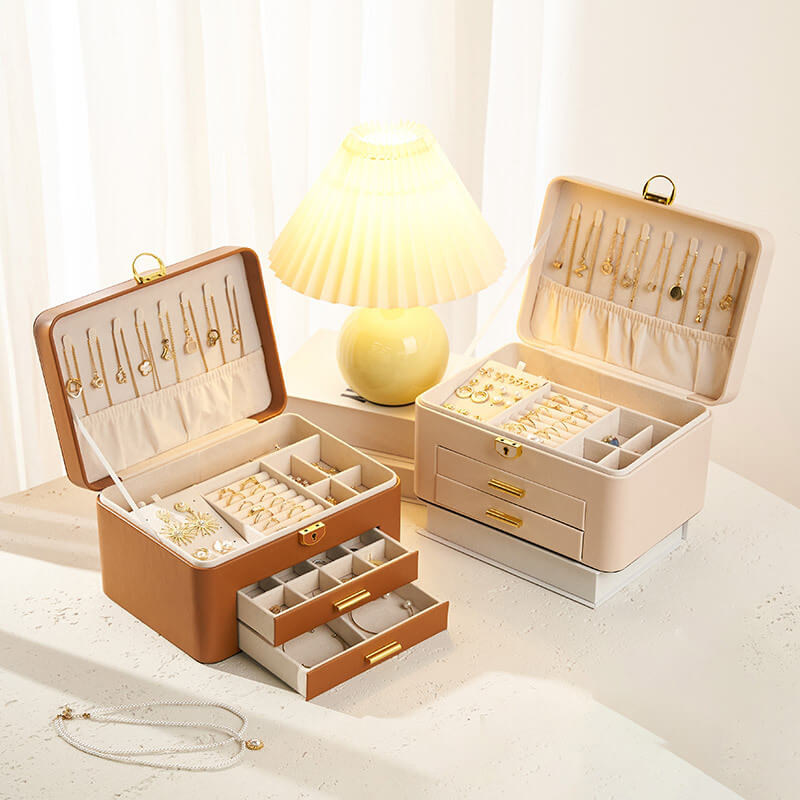 Large-capacity leather jewelry storage box with lock