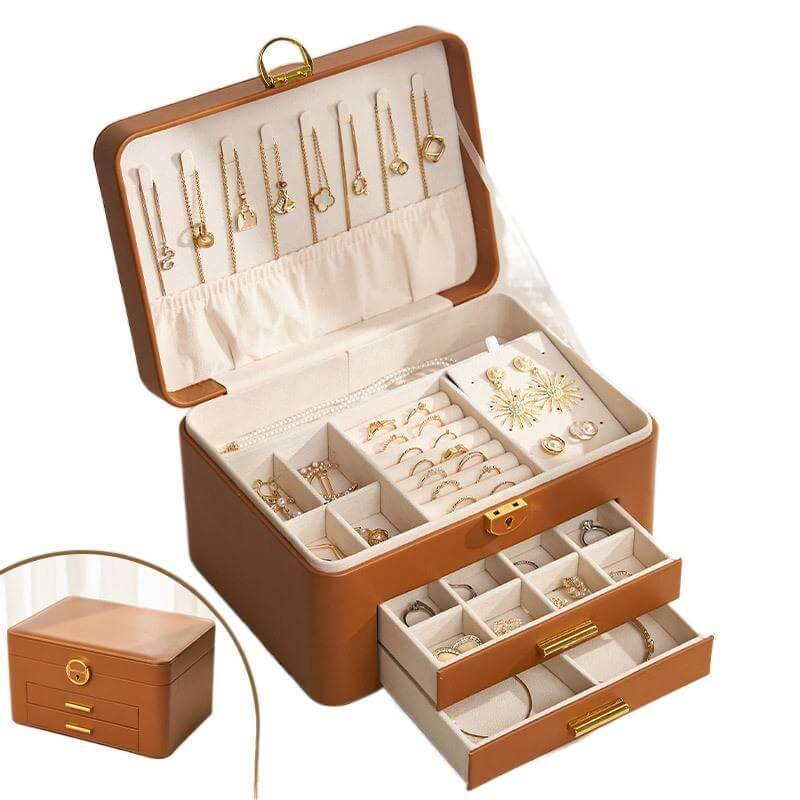 Large-capacity leather jewelry storage box with lock