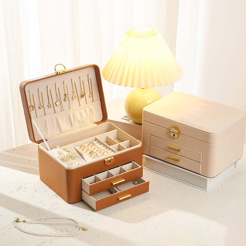 Large-capacity leather jewelry storage box with lock