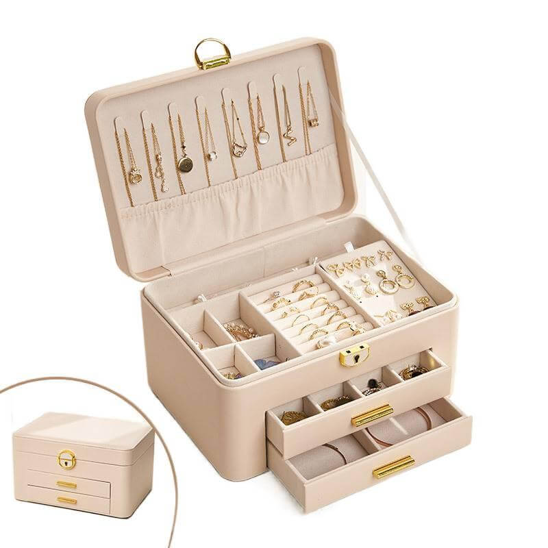 Large-capacity leather jewelry storage box with lock