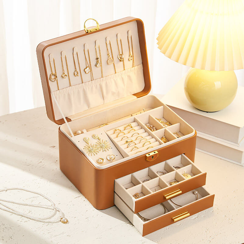 Large-capacity leather jewelry storage box with lock