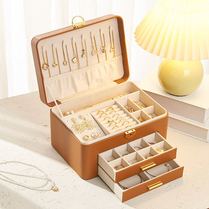 Large-capacity leather jewelry storage box with lock