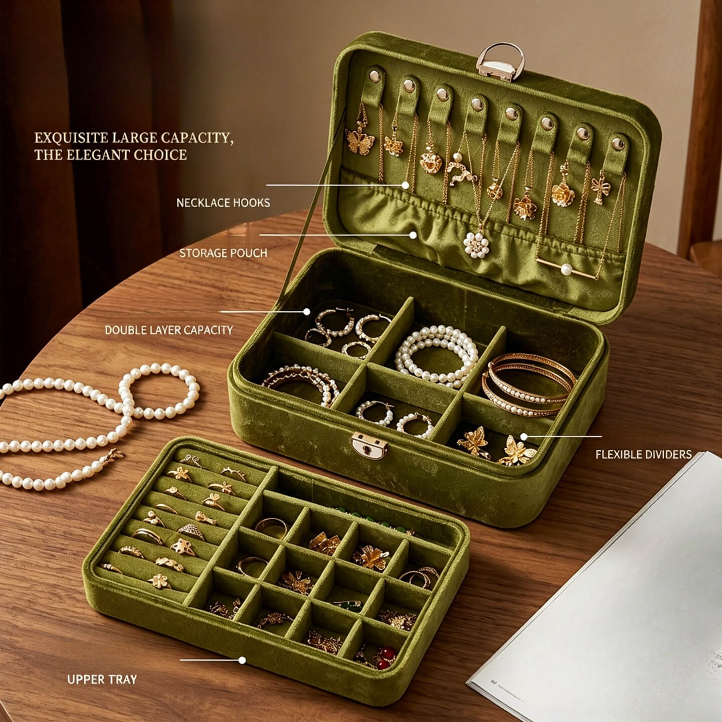 Velvet large-capacity double-layer multifunctional necklace storage box