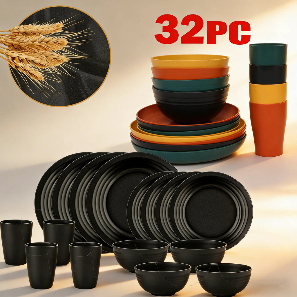 32 Piece Wheat Straw Dinnerware Set Colorful Plates Bowl - Packaging