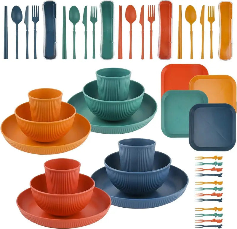 48Pcs Wheat Straw Dinnerware Sets Travel Picnic Camping - Front View