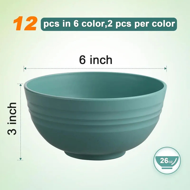 12 Pcs Wheat Straw Bowls Set Microwave Dishwasher Safe - Side View