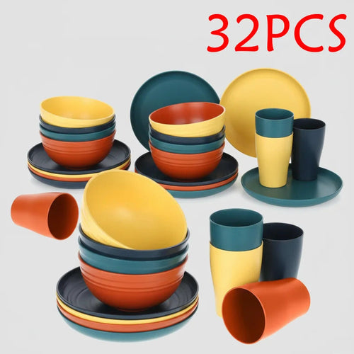 32 Piece Wheat Straw Dinnerware Set Colorful Plates Bowl - Front View