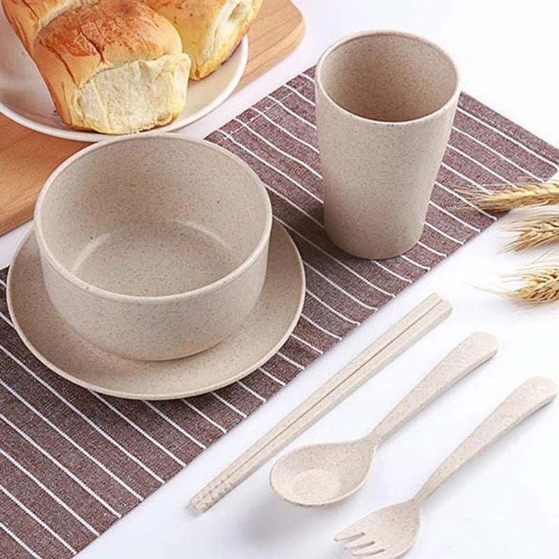 6 Pcs set Wheat Straw Tableware Feeding Learning Dinnerware - In Use