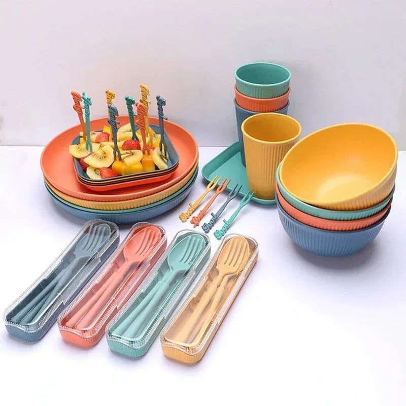 48pcs Plate Sets Wheat Straw Ramen Bowl Tableware Dinner - In Use
