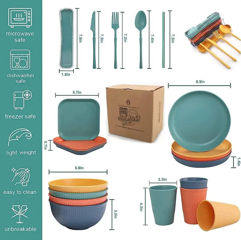 48Pcs Wheat Straw Dinnerware Sets Travel Picnic Camping - Color Options