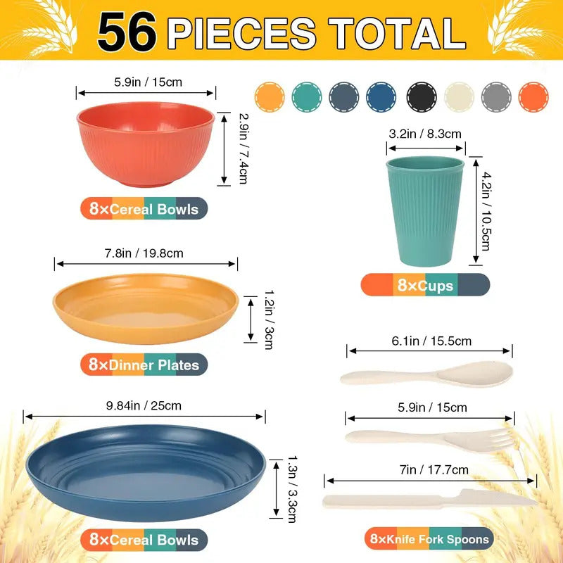 56 Piece Unbreakable Wheat Straw Dinnerware Set - Side View