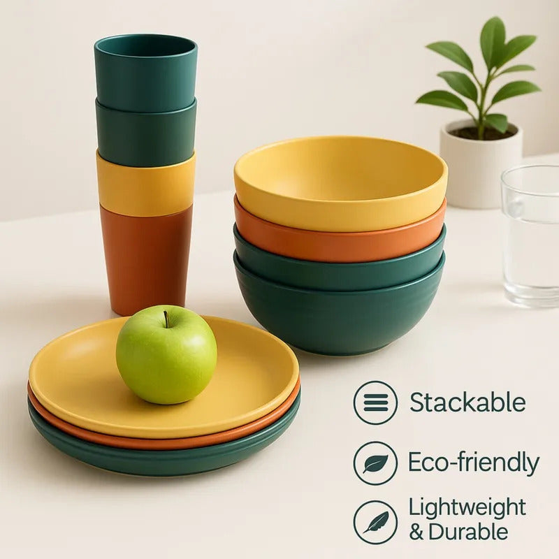 16 PCS Wheat Straw Dinnerware Set Safe Tableware - Detail View