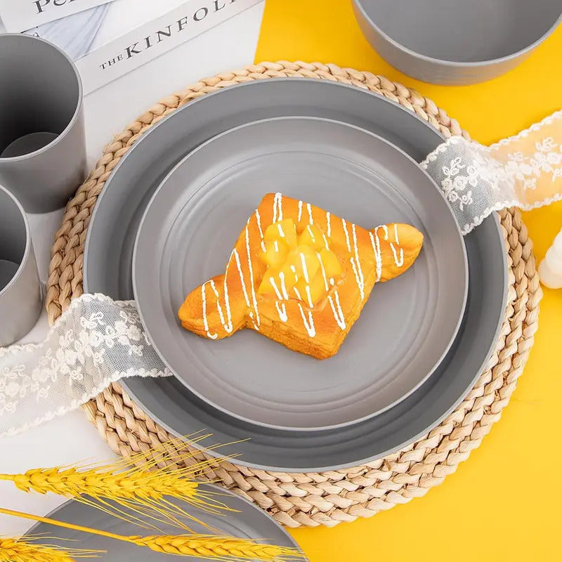 48 Piece Grey Plastic Wheat Straw Dinnerware Set for Camping - In Use
