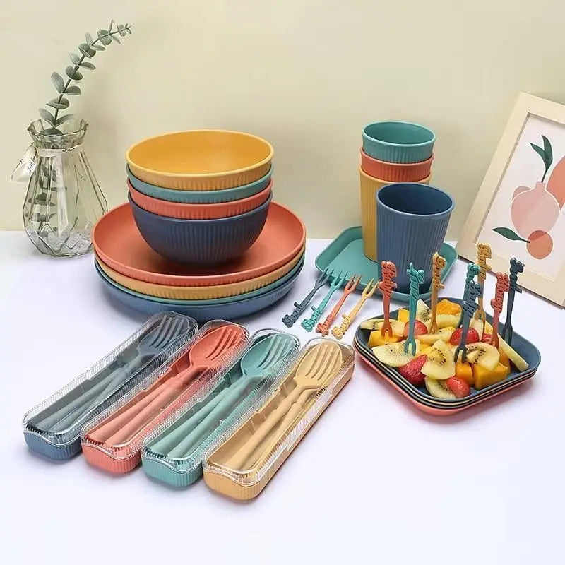 48Pcs Wheat Straw Dinnerware Sets Travel Picnic Camping - Side View