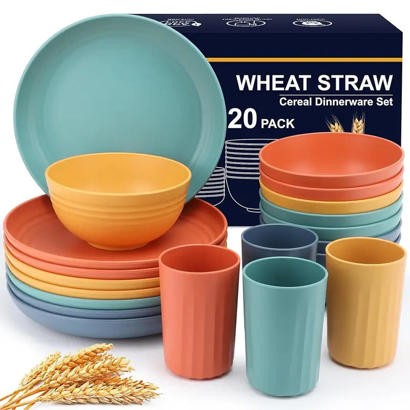 20pcs Unbreakable Wheat Straw Dinnerware Set Dishwasher Safe - Front View